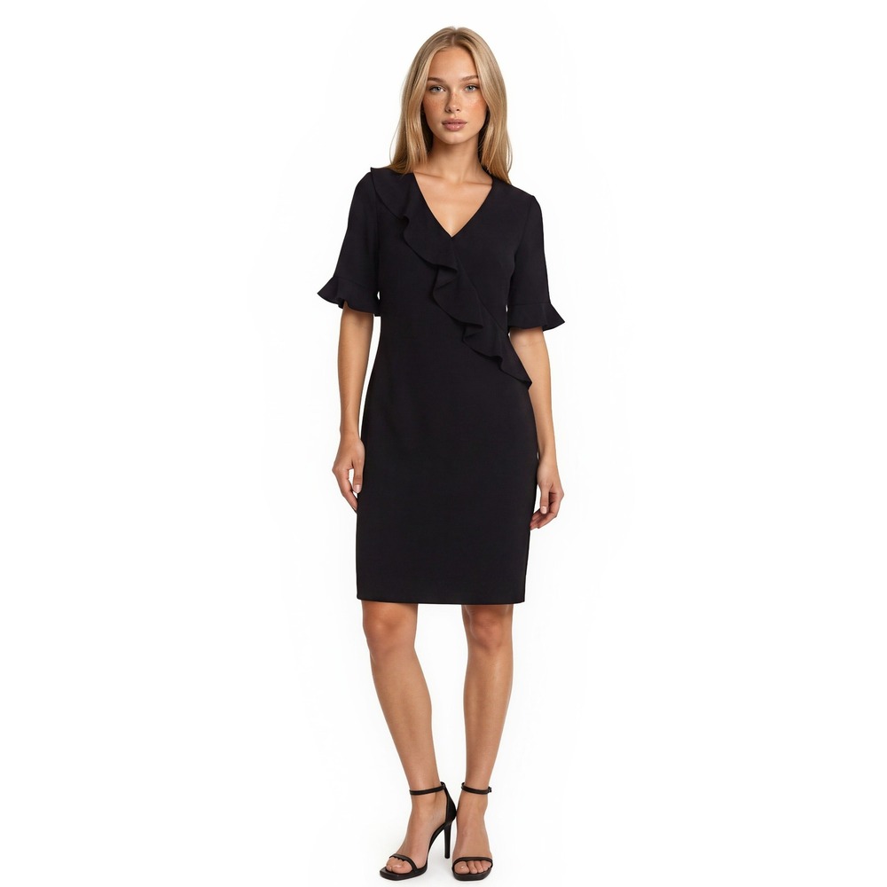 Calvin Klein Black Ruffle Front Dress Women's Size 10 Bell Sleeve Knee Length